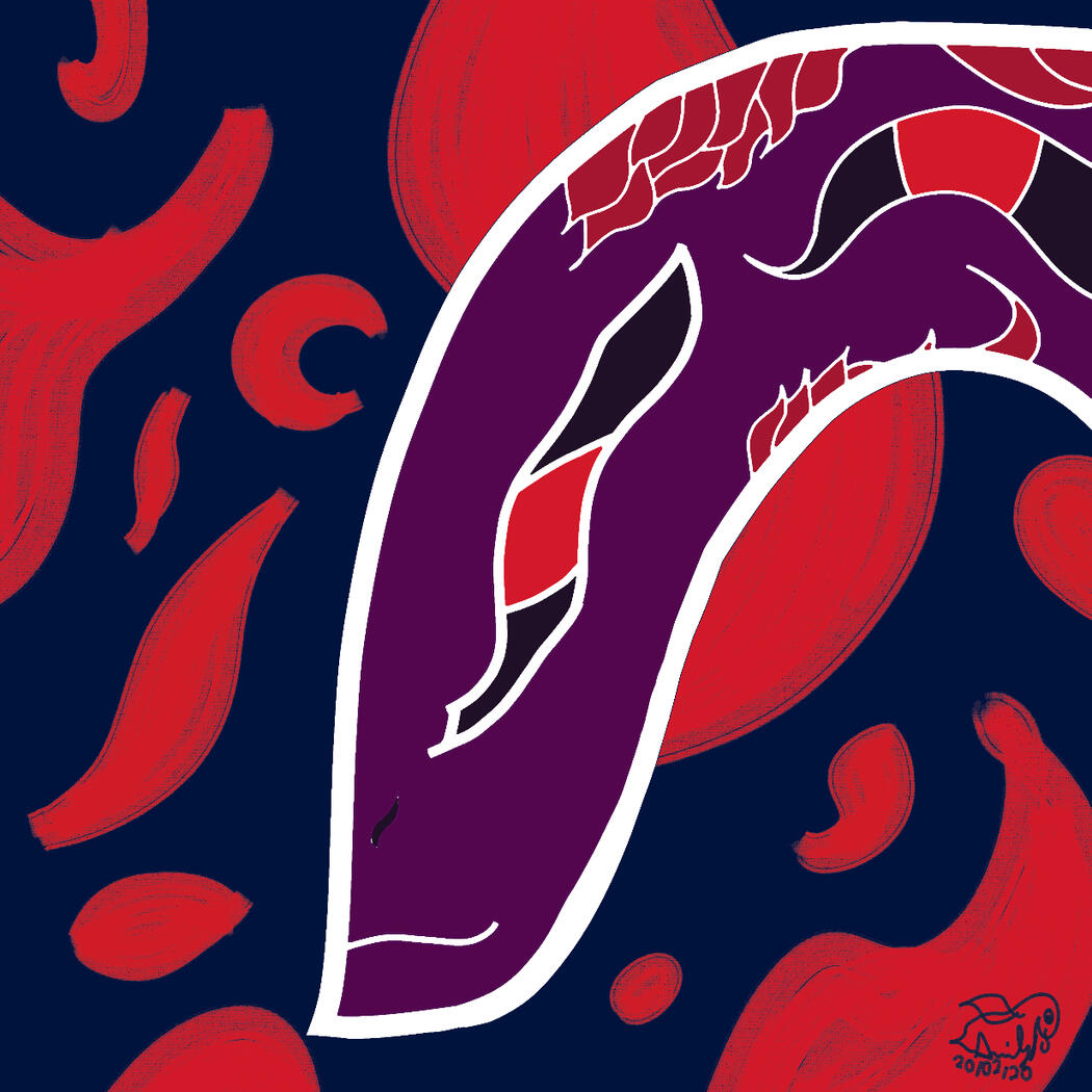 A purple stylized snake with red eyes, with a dark blue and red patterns resembling flames